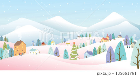 Winter landscape in snowland vector illustration. Merry Christmas and Happy New Year greeting card template. Winter landscape in snowland vector illustration. Merry Christmas and Happy New Year greeting card template. 135661761