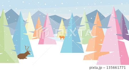 Pastel geometric shape as pine forest with reindeer and fox in winter season vector illustration. Merry Christmas and happy new year greeting card template. Pastel geometric shape as pine forest with reindeer and fox in winter season vector illustration. Merry Christmas and happy new year greeting card template. 135661771