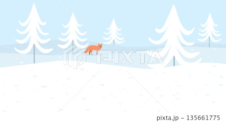 Lonely fox in snowland childish style vector illustration. Snow landscape concept with pine tree have blank space. 135661775