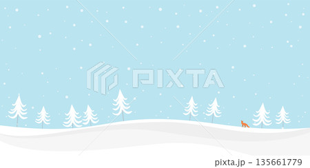 Snow landscape with pine tree and fox childish style vector illustration. Winter Wonderland with snowfall have blank space. 135661779