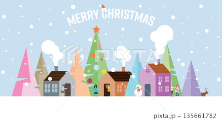 Winter landscape in snowland with people having fun in town geometric shape vector illustration. Merry Christmas and Happy New Year greeting card template. 135661782