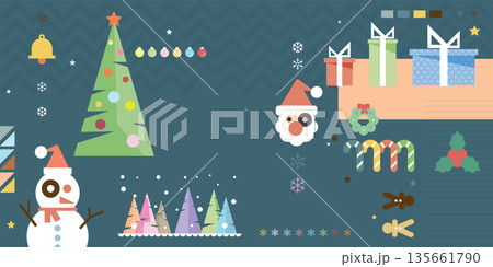 Christmas night geometric elements pastel colors vector illustration. Christmas symbols composition flat design, geometry, mosaic and vintage concept. 135661790