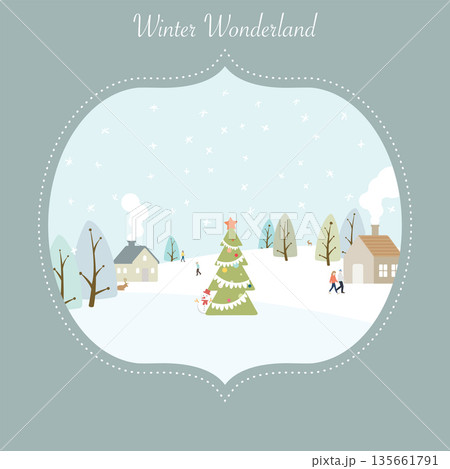 Winter Wonderland pastel colors childish style in vintage frame vector illustration. Merry Christmas and Happy New Year greeting card template. 135661791