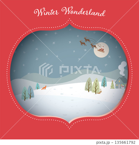 Winter Wonderland at night pastel colors childish style in vintage frame with layer shadow vector illustration. Merry Christmas and Happy New Year greeting card template. Winter Wonderland at night pastel colors childish style in vintage frame with layer shadow vector illustration. Merry Christmas and Happy New Year greeting card template. 135661792