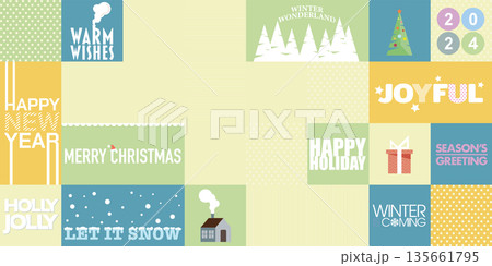 Christmas lettering pastel colors vector illustration have blank space. Christmas wording composition flat design, geometry, mosaic and vintage concept. 135661795