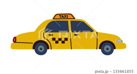 Taxi car vector illustration in flat cartoon style. Urban transportation concept for travel services, city navigation, apps, maps, kids design, posters, icons, playful mood, yellow car icon Taxi car vector illustration in flat cartoon style. Urban transportation concept for travel services, city navigation, apps, maps, kids design, posters, icons, playful mood, yellow car icon 135661855