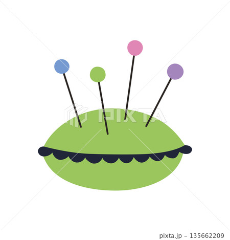 Pincushion icon with pins for sewing and craft hobbies. Flat cartoon vector illustration for handmade projects, DIY tutorials, apps, labels, packaging, education materials, cute friendly mood 135662209