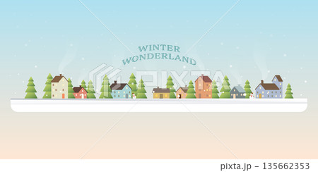 Winter wonderland with snowfall vector illustration. Merry Christmas and Happy New Year greeting card template. 135662353