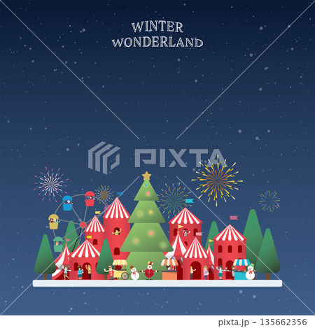 Winter wonderland at night vector illustration have blank space. Merry Christmas and Happy New Year greeting card template. Winter wonderland at night vector illustration have blank space. Merry Christmas and Happy New Year greeting card template. 135662356