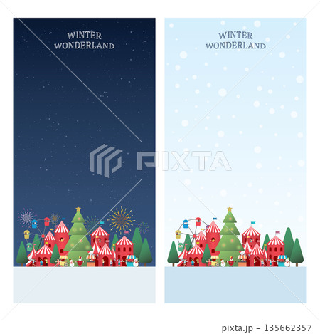 Set of Winter wonderland day and night template. Merry Christmas and Happy New Year greeting card vector illustration have blank space. Set of Winter wonderland day and night template. Merry Christmas and Happy New Year greeting card vector illustration have blank space. 135662357