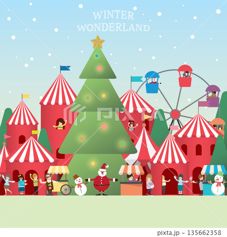 Winter wonderland vector illustration have blank space. Merry Christmas and Happy New Year greeting card template. Winter wonderland vector illustration have blank space. Merry Christmas and Happy New Year greeting card template. 135662358