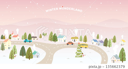 Winter Wonderland with dramatic sky background childish style vector illustration. Merry Christmas greeting card template. 135662379