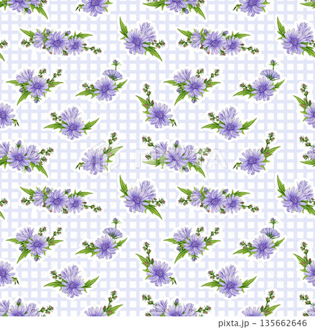 Blooming chicory flowers seamless pattern decoration element watercolor illustration. Hand drawn chicory meadow wildflower summer mood rustic pattern design decor on checkered background 135662646