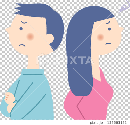 一男一女背靠背站著，表情不滿。 135663121