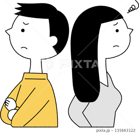 不満げな表情の背中合わせの男女単色 不満げな表情の背中合わせの男女単色 135663122