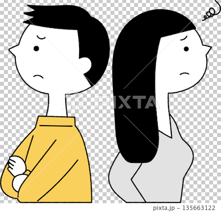 不満げな表情の背中合わせの男女単色 不満げな表情の背中合わせの男女単色 135663122