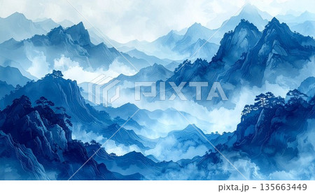 藍色の水墨山水画風に描かれた霧に包まれる山並みの風景　generative ai 135663449