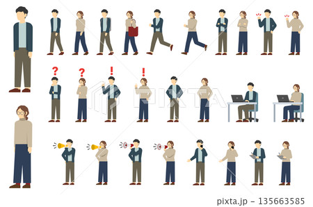 フラットイラスト：カジュアルな服を着た男女セット 135663585