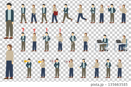 フラットイラスト：カジュアルな服を着た男女セット 135663585