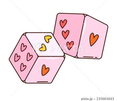 Valentines game dice cartoon groovy sticker or tag. Saint Valentine festive hippie sticker, love holiday funky vector tag. Romantic celebration groovy label or patch with two pink dice and hearts Valentines game dice cartoon groovy sticker or tag. Saint Valentine festive hippie sticker, love holiday funky vector tag. Romantic celebration groovy label or patch with two pink dice and hearts 135663683