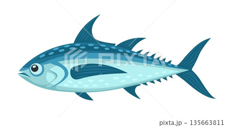 Tuna fish ocean underwater environment animal cartoon character. Aquatic wildlife cute personage, sea marine tuna fish cheerful vector mascot. Coral reef underwater aquatic animal happy character 135663811