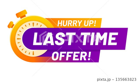 Last time sale, price offer timer icon or label. Short period price off deal icon, limited time discount vector badge. Last chance sale message label with stopwatch clock and typography text 135663823