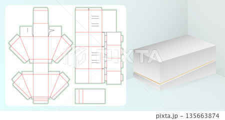 Box packaging die cut template design 3d mockup White Product Packaging Box with Gold Stripe and Dieline Templates for bakery shops, products compartments unique designs hand made Box packaging die cut template design 3d mockup White Product Packaging Box with Gold Stripe and Dieline Templates for bakery shops, products compartments unique designs hand made 135663874