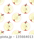 Illustration of an apple, slice, and half, hand-drawn watercolor fruit seamless pattern. Ripe realistic seasonal fruit. 135664013