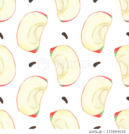 Illustration of an apple, slice, and half, hand-drawn watercolor fruit seamless pattern. Ripe realistic seasonal fruit. Illustration of an apple, slice, and half, hand-drawn watercolor fruit seamless pattern. Ripe realistic seasonal fruit. 135664016