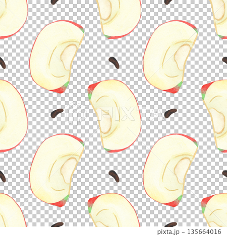 Illustration of an apple, slice, and half, hand-drawn watercolor fruit seamless pattern. Ripe realistic seasonal fruit. Illustration of an apple, slice, and half, hand-drawn watercolor fruit seamless pattern. Ripe realistic seasonal fruit. 135664016