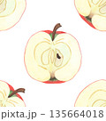 Illustration of an apple, slice, and half, hand-drawn watercolor fruit seamless pattern. Ripe realistic seasonal fruit. 135664018