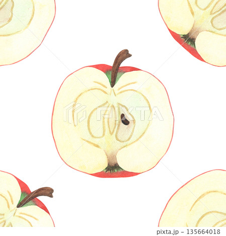 Illustration of an apple, slice, and half, hand-drawn watercolor fruit seamless pattern. Ripe realistic seasonal fruit. 135664018