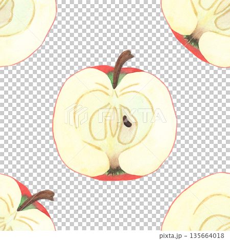 Illustration of an apple, slice, and half, hand-drawn watercolor fruit seamless pattern. Ripe realistic seasonal fruit. 135664018