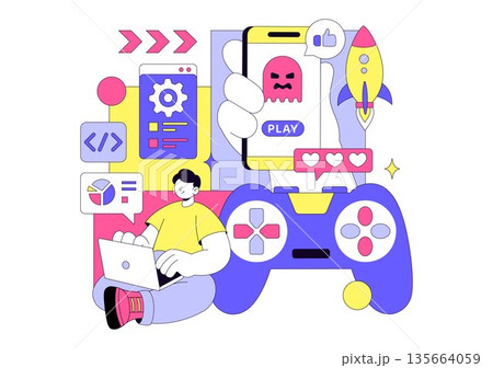 Game Development Vector Illustration Featuring Games, Digital Technology, Programming, and Coding for the Technical Aspects of Creating Video Games 135664059
