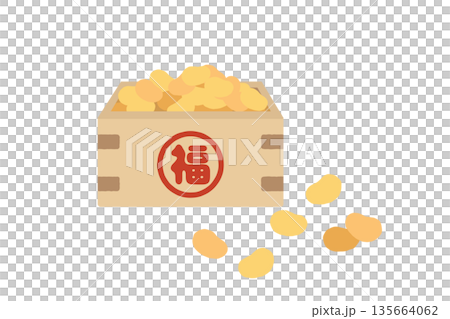 可愛的日本節分撒豆儀式插圖，包括枡箱、代表「福」的漢字和黃豆。 135664062