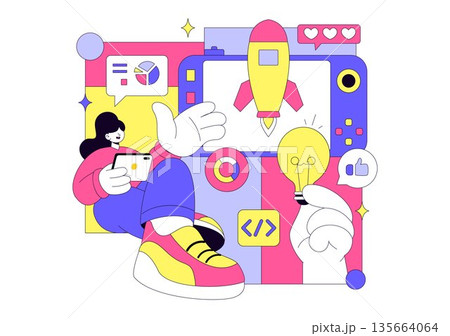 Game Development Vector Illustration Featuring Games, Digital Technology, Programming, and Coding for the Technical Aspects of Creating Video Games 135664064
