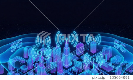 都市全体に広がる5G通信の電波とネオンブルーのネットワーク網 135664091