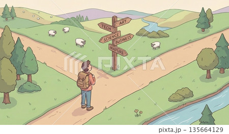 Y字路の分岐点に立ち標識を見上げる人物のアイソメトリック Y字路の分岐点に立ち標識を見上げる人物のアイソメトリック 135664129