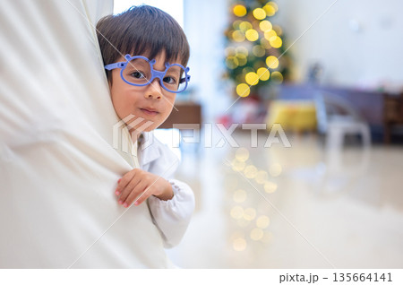 Charming Little Boy Grinning Inside A Play Tent Charming Little Boy Grinning Inside A Play Tent 135664141