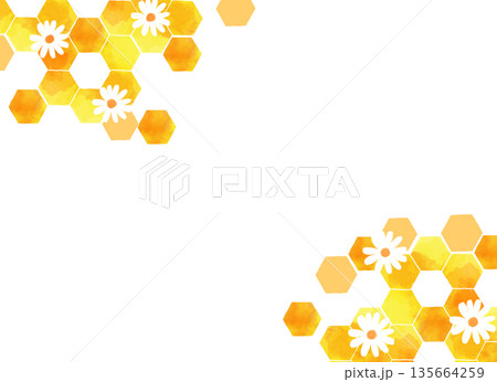 水彩風のハニカム背景フレーム 白い花とはちみつの装飾素材 135664259