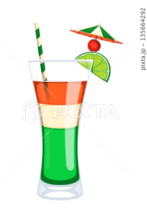 St Patrick Day cocktail drink with Irish flag colors for holiday, cartoon vector. Happy Saint Patrick Day sweet drink or beverage with Ireland flag colors and drinking straw for juicy soda drink St Patrick Day cocktail drink with Irish flag colors for holiday, cartoon vector. Happy Saint Patrick Day sweet drink or beverage with Ireland flag colors and drinking straw for juicy soda drink 135664292
