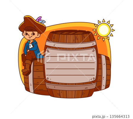 Pirate and corsair barrel kids memo note template. Day planner vector piracy memo note, child schedule treasure hunt frame. Kids diary label with pirate boy cute character sitting on wooden barrels 135664313
