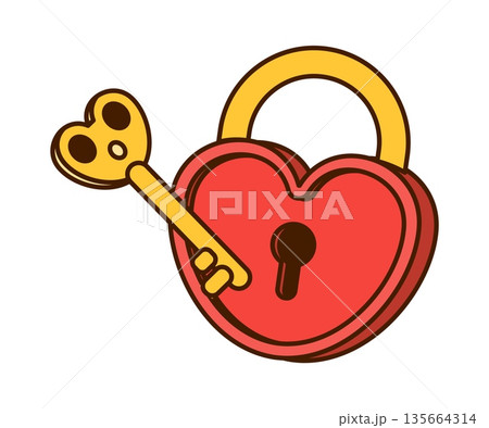 Retro groovy love heart lock decoration or symbol. Funky colorful element, groovy vintage vector sticker. Comic retro decoration with heart shaped red padlock and golden key romantic love symbol Retro groovy love heart lock decoration or symbol. Funky colorful element, groovy vintage vector sticker. Comic retro decoration with heart shaped red padlock and golden key romantic love symbol 135664314