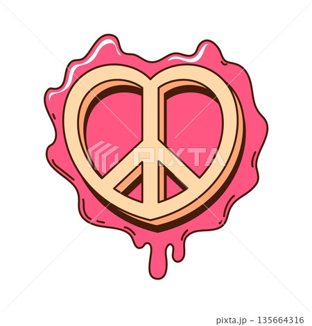 Valentines hippie peace sign cartoon groovy sticker. Romantic holiday groovy label, love day funky vector sticker. Saint Valentine celebration patch with pacific peace symbol and dripping pink paint Valentines hippie peace sign cartoon groovy sticker. Romantic holiday groovy label, love day funky vector sticker. Saint Valentine celebration patch with pacific peace symbol and dripping pink paint 135664316