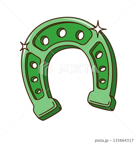 St Patricks day green horseshoe cartoon groovy sticker or patch. Ireland party groovy tag, Saint Patrick festive funky isolated vector label. Irish holiday patch or sticker with horseshoe luck symbol St Patricks day green horseshoe cartoon groovy sticker or patch. Ireland party groovy tag, Saint Patrick festive funky isolated vector label. Irish holiday patch or sticker with horseshoe luck symbol 135664317