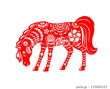 Chinese red paper cut horse with papercut floral ornament. Traditional vector Lunar New Year zodiac and horoscope animal symbol for 2026 representing prosperity, happiness and springtime greetings 135664333