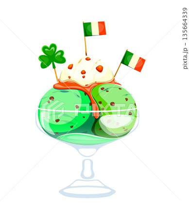 Happy St Patrick Day ice cream with shamrock clover for Irish holiday sweet dessert, cartoon vector. Green ice cream with Ireland flag cookies and caramel clover for Saint Patrick sweet dessert 135664339