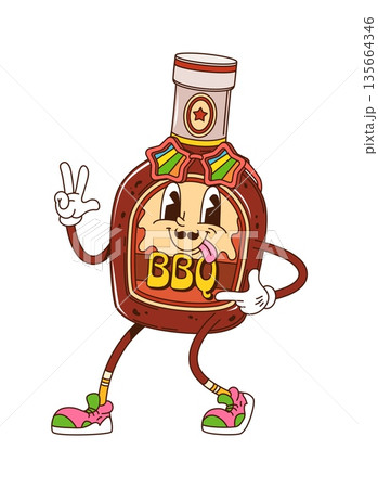 Groovy barbecue sauce bottle or funky character for BBQ food, cartoon vector. Funny barbecue sauce bottle with cool gesture and hippie sunglasses and yummy tongue out for barbeque groovy character 135664346