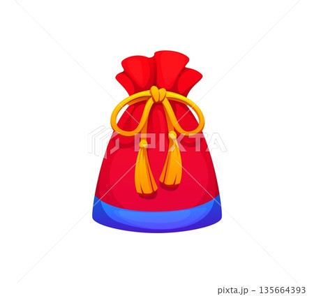 Chinese Lunar New Year lucky pouch or happy bag gift for Asain holiday, vector icon. Traditional hebao red bag or lucky pouch symbol of good fortune, wealth and prosperity on Chinese New Year 135664393