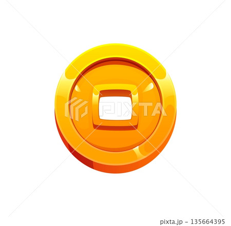 Chinese New Year icon of golden coin for Asian lunar holiday, vector symbol of wealth and fortune. China traditional gold coin money for Feng Shui art, Chinese New Year and CNY of Chinatown decoration 135664395